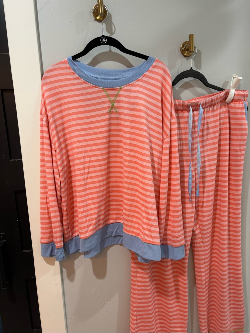 Muk Luks Coral and Light Blue Striped Women's Pajama Set